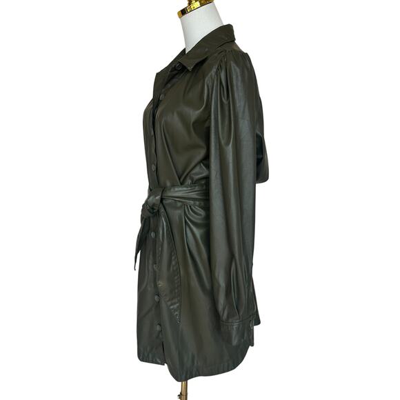 Peter Som Olive Green Faux Leather Mini Shirt Dress SIze 12 Career Designer $355 - Picture 11 of 13